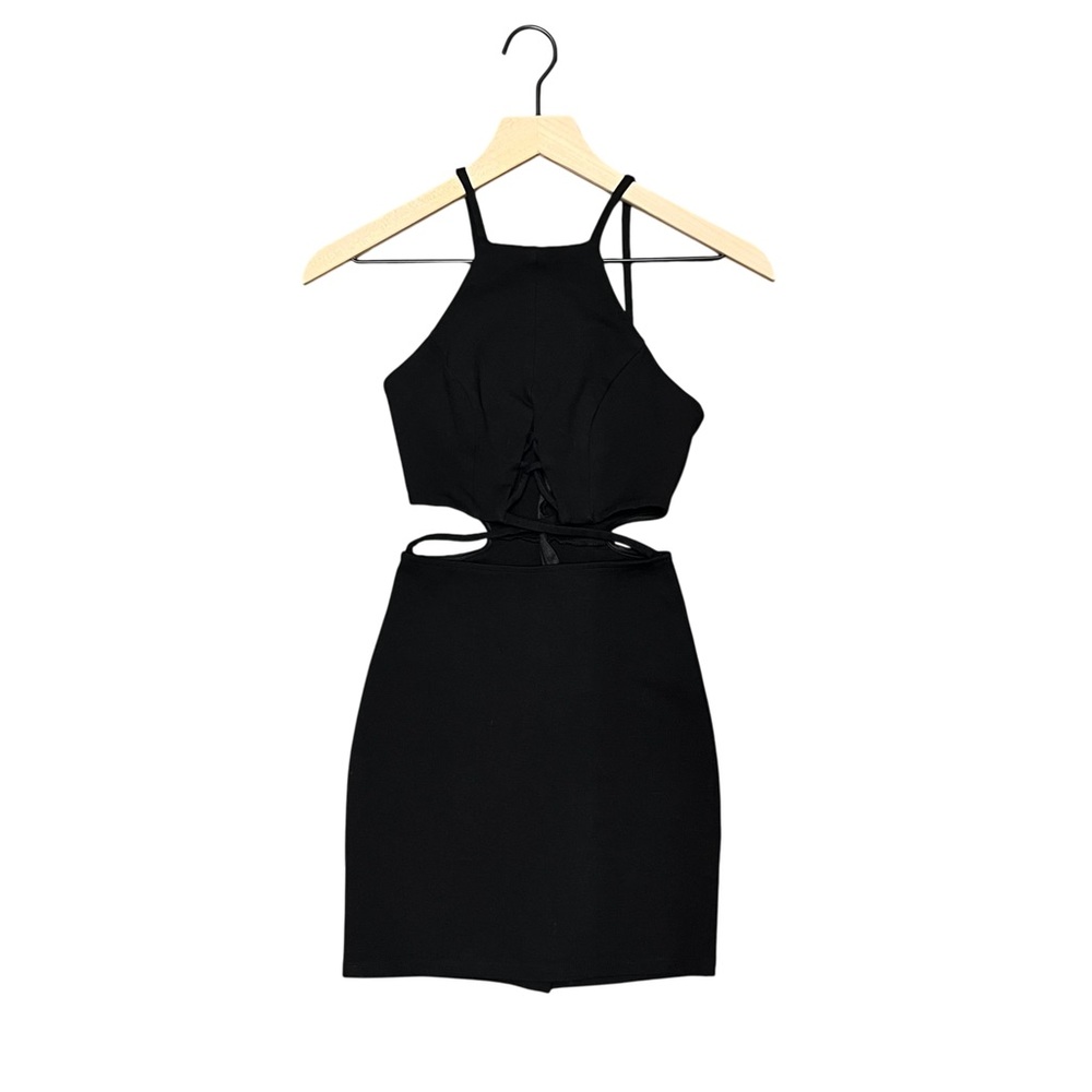 Solemio black cutout lace up bodycon minidress